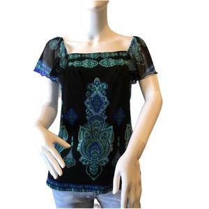 I.N.C. Paisley‎ Short Sleeve Blue Green Blouse Small Fairy Coquette Whimsigoth